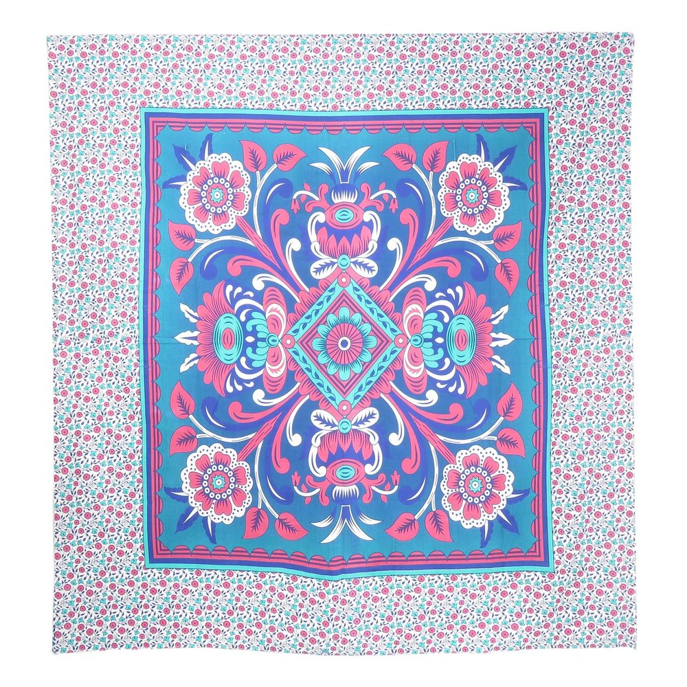 88" X 84" Blue Red And White Floral Cotton Hanging Tapestry