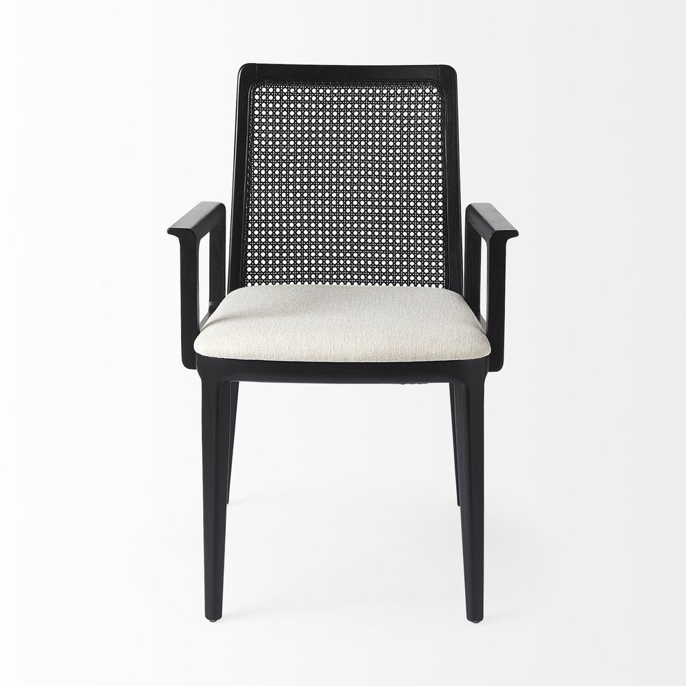 Cream And Black Upholstered Fabric Dining Arm Chair