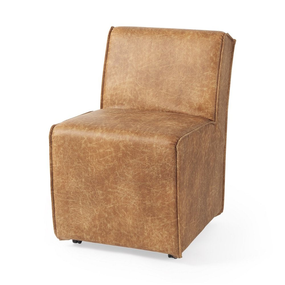 Set of Two Brown Upholstered Faux Leather Dining Side Chairs With Wheels