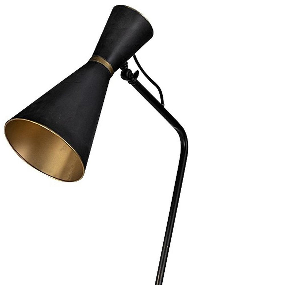 58" Black Metal Tripod Floor Lamp With Black And Gold Metal Cone Shade