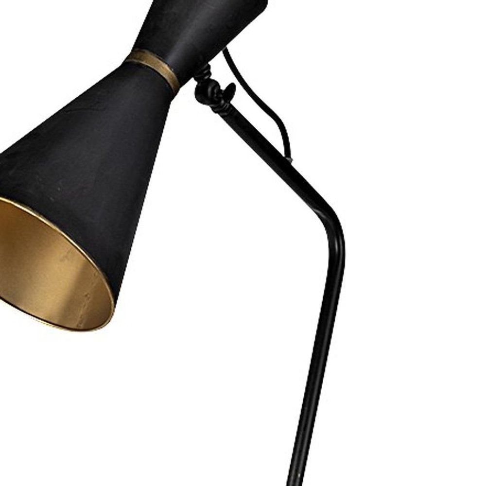 58" Black Metal Tripod Floor Lamp With Black And Gold Metal Cone Shade