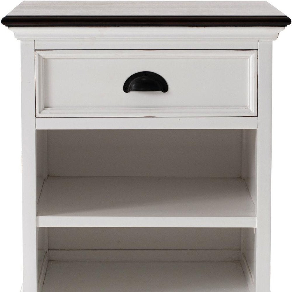 Distressed White and Deep Brown Nightstand With Shelves