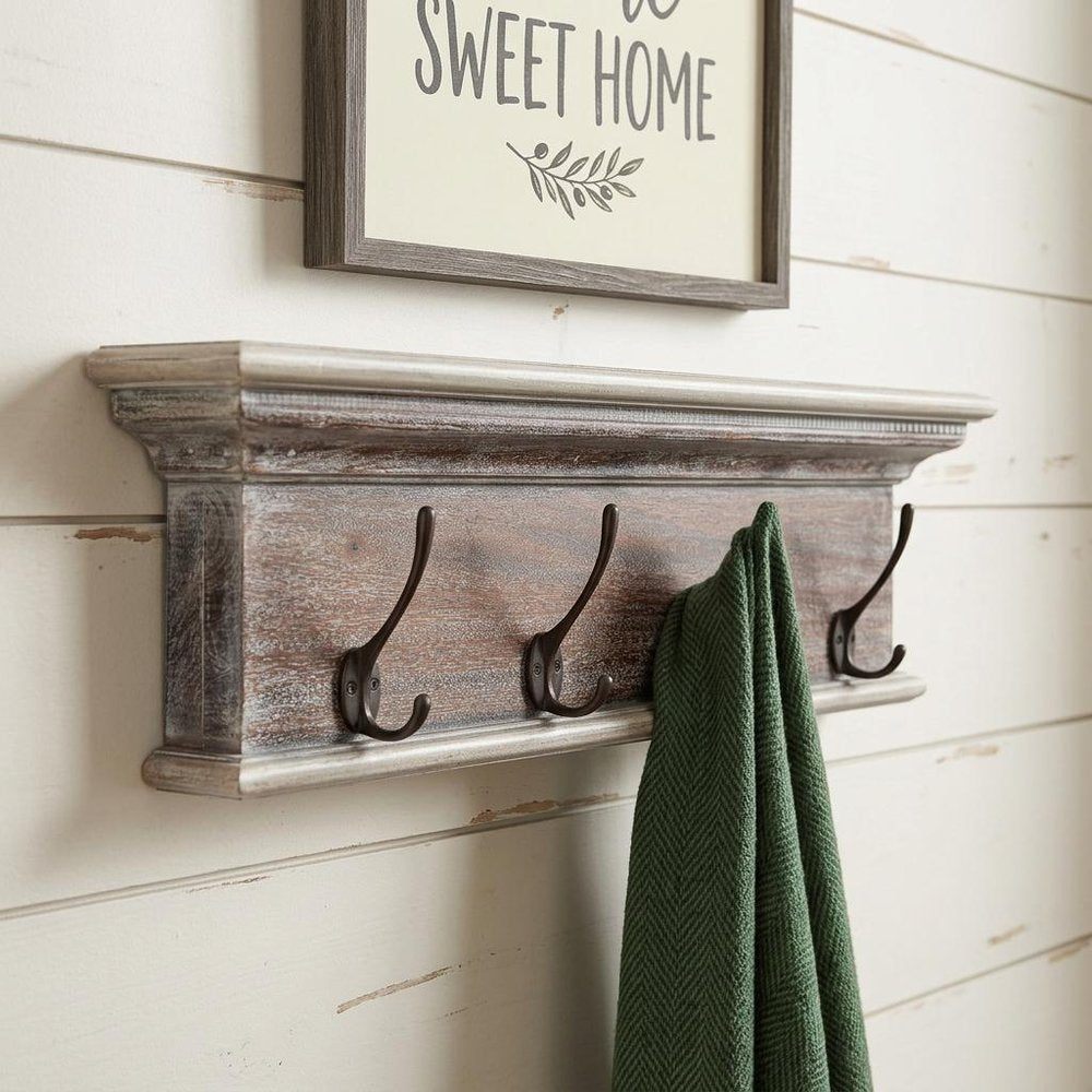 28" Brown Solid Wood Four Hook Wall Mount Coat Rack