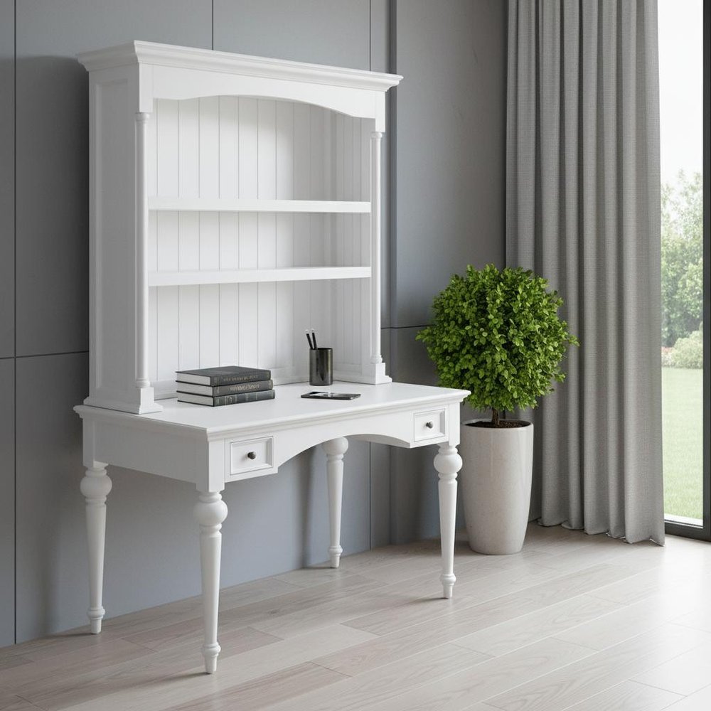 47" White Solid Wood Computer Desk With Hutch With Two Drawers