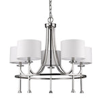 Silver Candle Style Five Light Metal and Crystals Dimmable Chandelier With White Shades