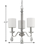 Silver Candle Style Three Light Metal and Crystals Dimmable Chandelier With White Shades