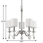 Silver Candle Style Five Light Metal and Crystals Dimmable Chandelier With White Shades