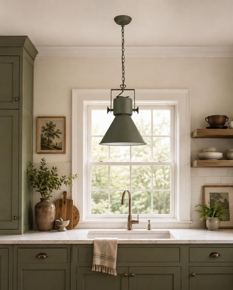 Green Metal One Light Cone Hanging Pendant Light
