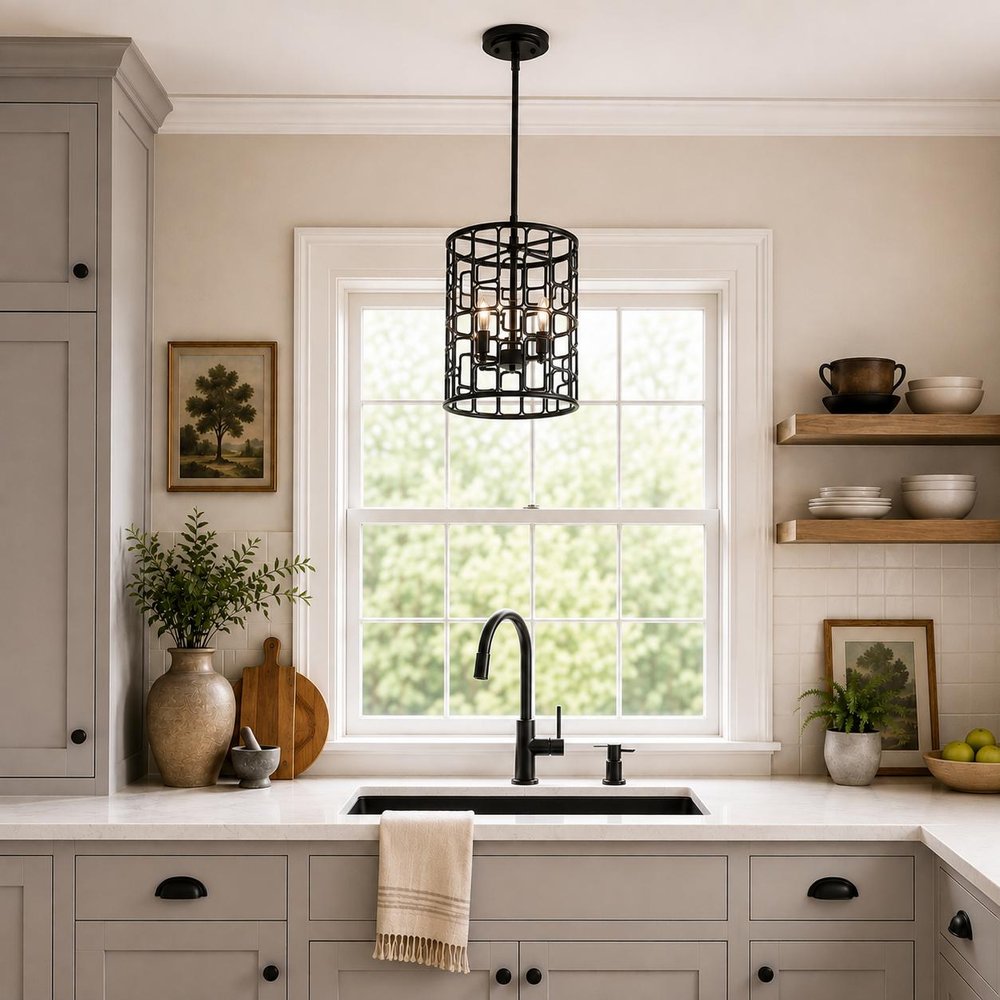 Black Metal Three Light Caged Pendant Light