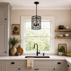Black Metal Three Light Caged Pendant Light