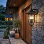 Black And Clear Three Light Seeded Dimmable Outdoor Hanging Lights With Black And Clear Shades
