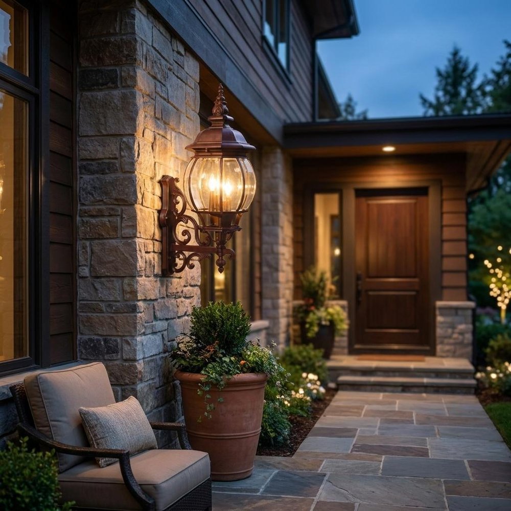 Walnut And Clear Four Light Beveled Dimmable Outdoor Hanging Lights With Walnut And Clear Shades