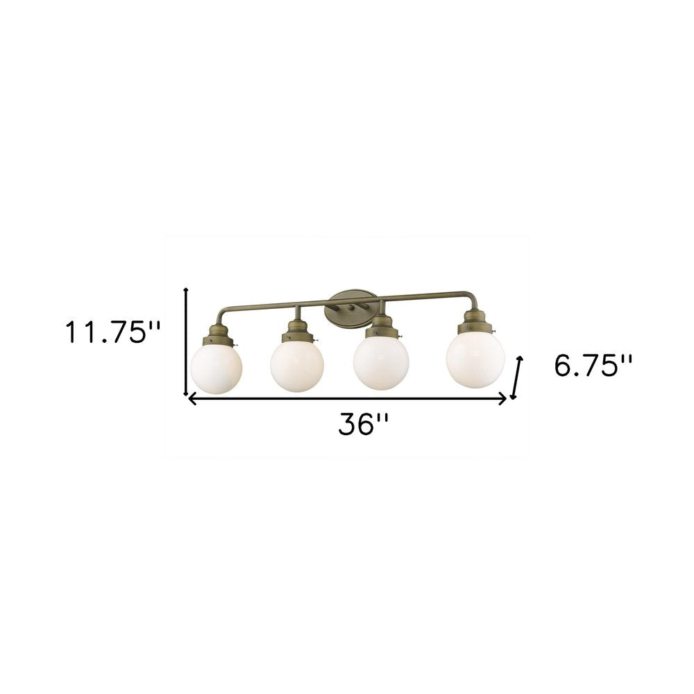 36" Brass And White Metal And Glass Four Light Vanity Light