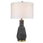 26" Distressed Black and Gold Ceramic Table Lamp With White Drum Shade