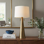 34" Brass Metal Two Light Table Lamp With White Empire Shade