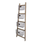 73" Natural And Black Wood And Metal Storage Ladder With Baskets