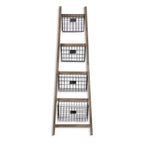 73" Natural And Black Wood And Metal Storage Ladder With Baskets
