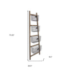 73" Natural And Black Wood And Metal Storage Ladder With Baskets