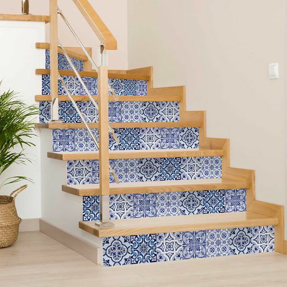 6" x 6" Blue And White Vinyl Peel And Stick Removable Tiles
