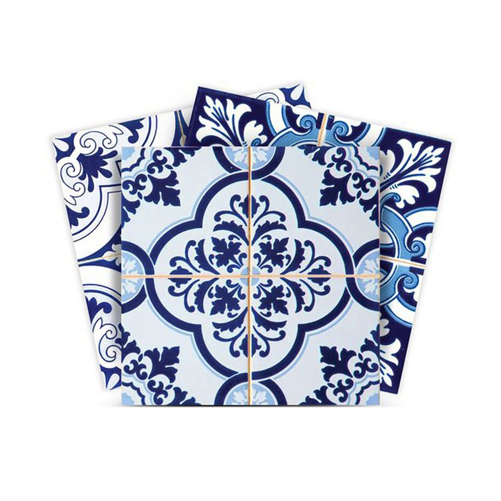 6" x 6" Blue And White Vinyl Peel And Stick Removable Tiles