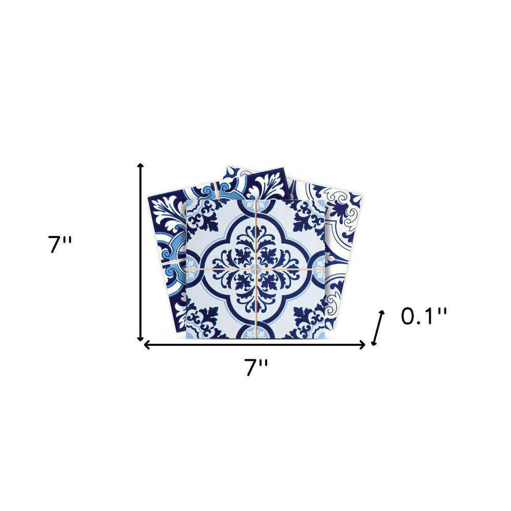 6" x 6" Blue And White Vinyl Peel And Stick Removable Tiles