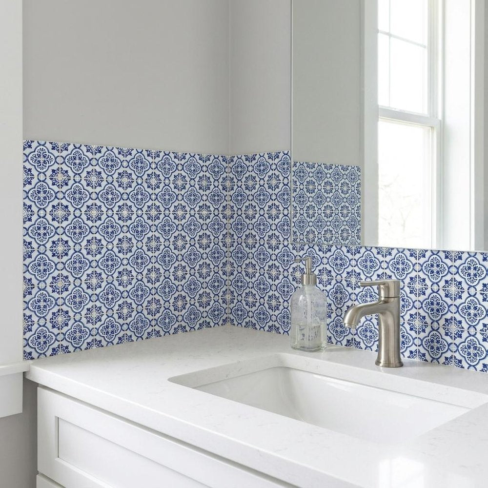 6" x 6" Blue And White Vinyl Peel And Stick Removable Tiles