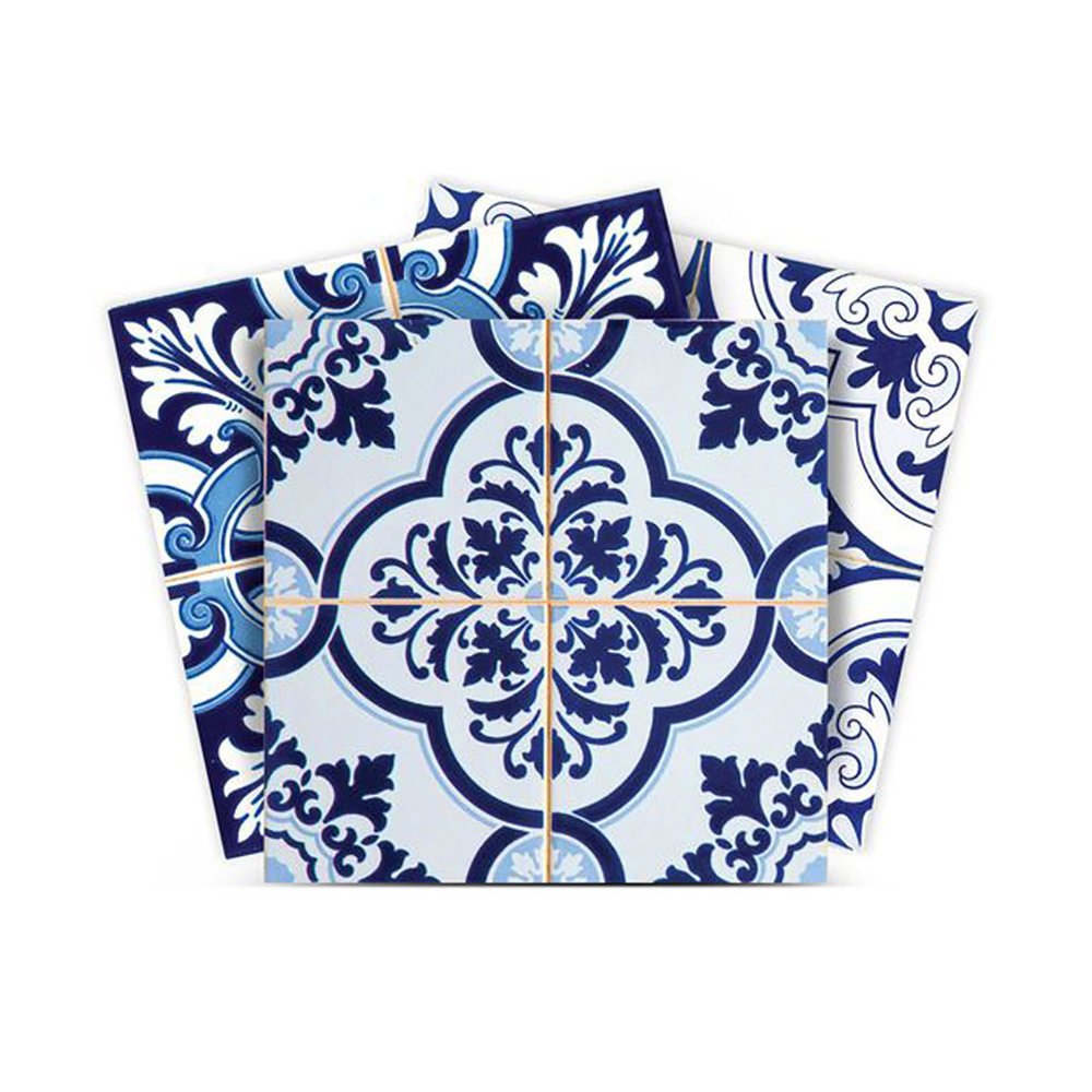 6" x 6" Blue And White Vinyl Peel And Stick Removable Tiles