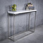 35" White and Silver Wood and Stainless Steel Frame Console Table
