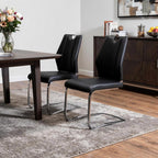 Set of Two Black and Silver Upholstered Leather Dining Side Chairs