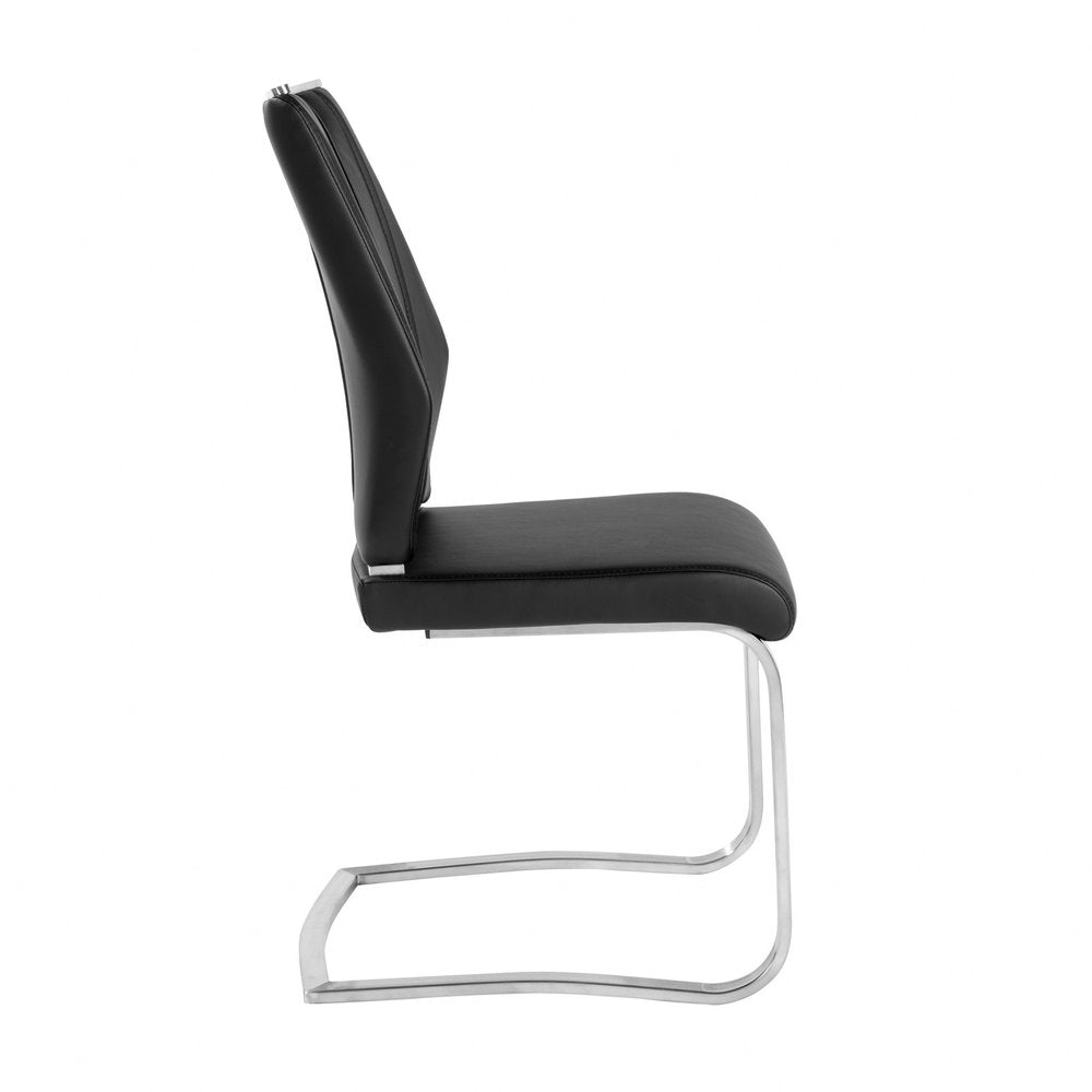 Set of Two Black and Silver Upholstered Leather Dining Side Chairs