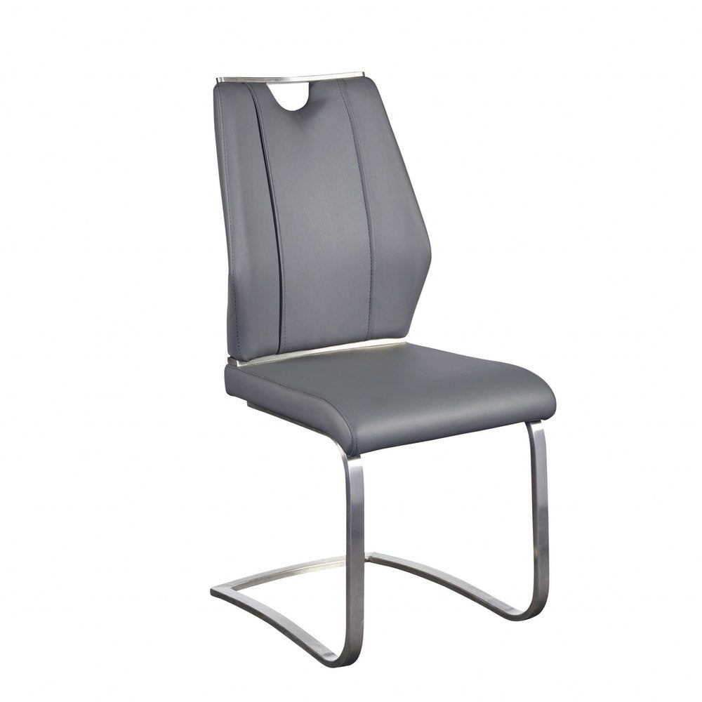 Set of Two Black and Silver Upholstered Leather Dining Side Chairs