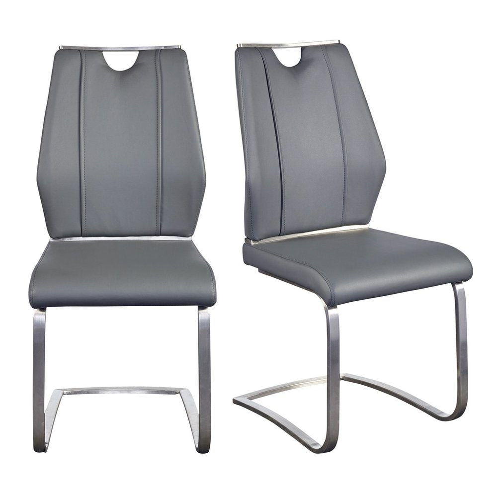 Set of Two Black and Silver Upholstered Leather Dining Side Chairs