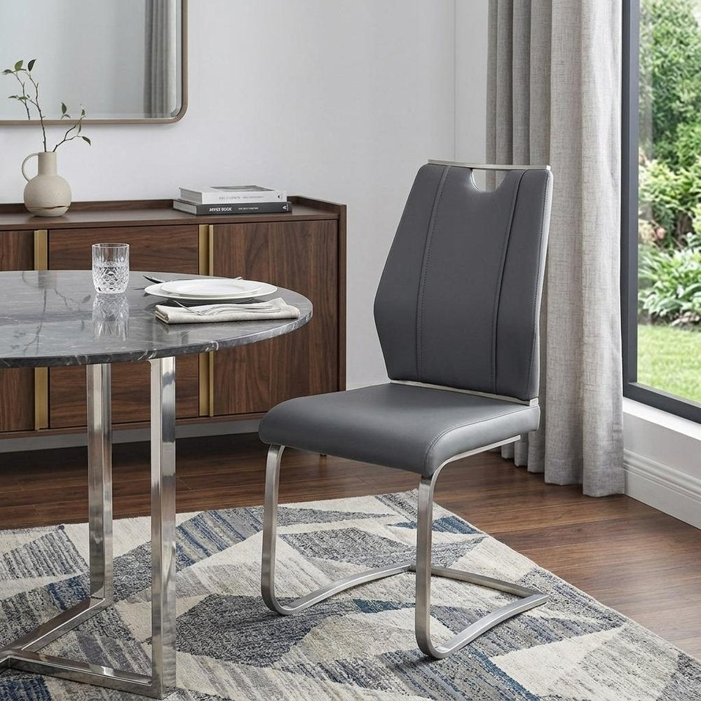 Set of Two Black and Silver Upholstered Leather Dining Side Chairs