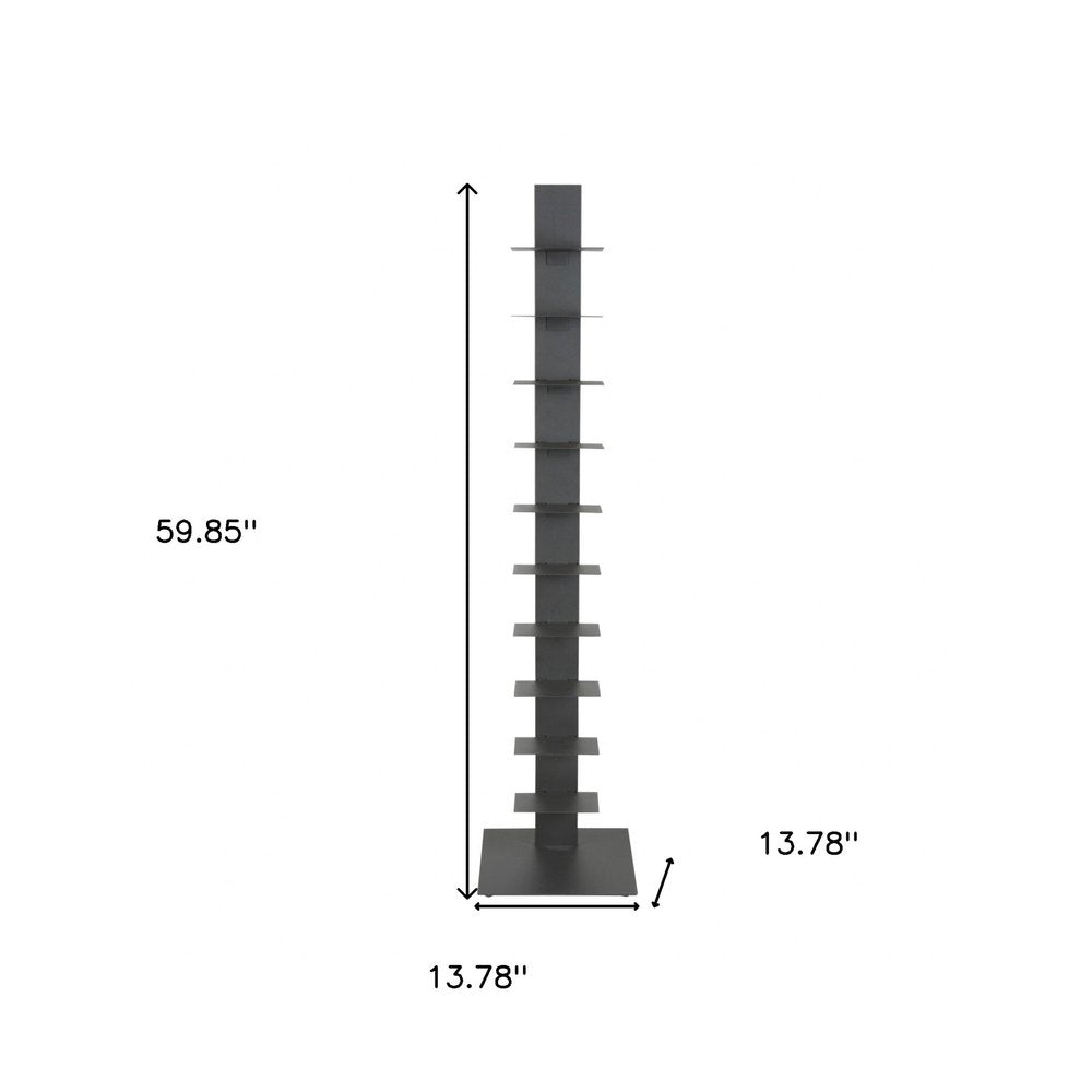 60" Dark Gray Metal Ten Shelf Modern Tower Bookcase