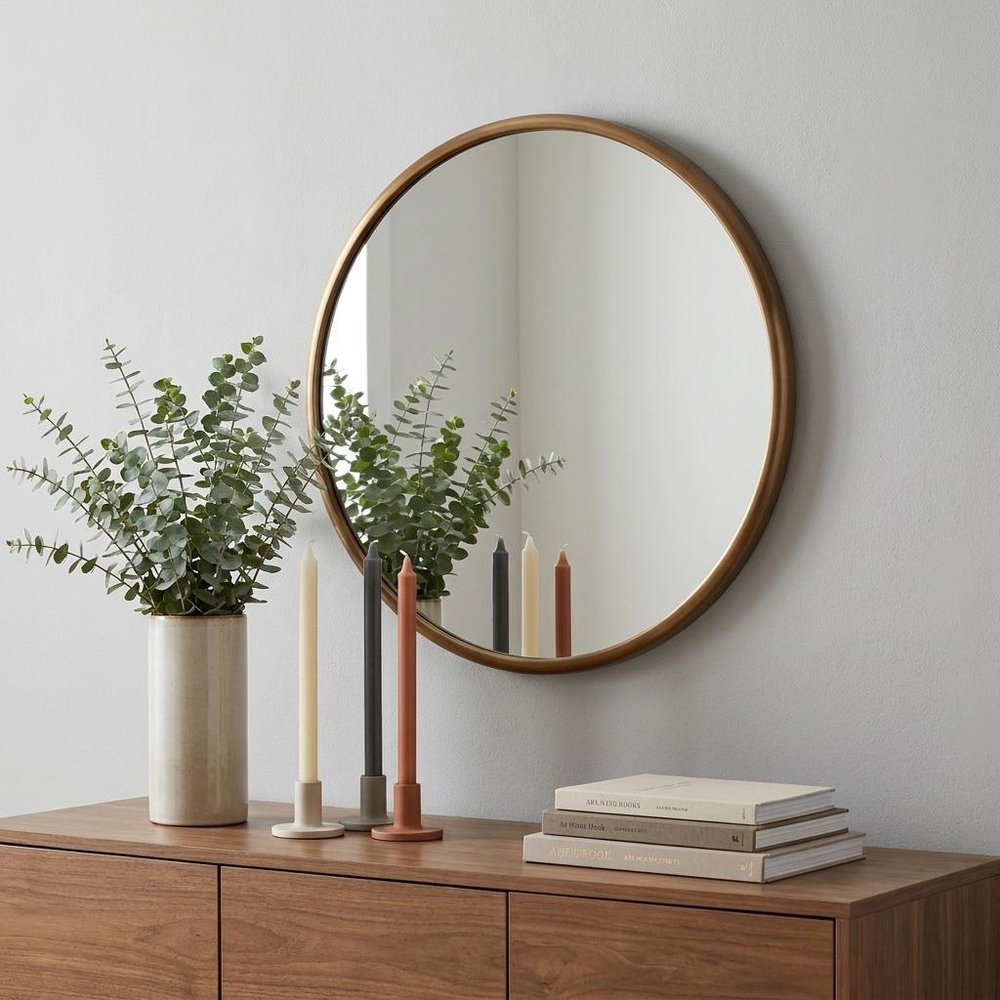20" Antiqued Brass Round Metal Framed Accent Mirror
