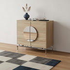 32" Natural and Chrome Mirrored Circle Double Door Bar Cabinet