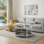 32" White Glass And Metal Two Tier Round Coffee Table