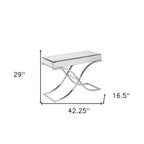 42" Silver Mirrored Glass and Metal Cross Leg Console Table
