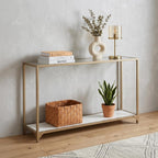 56" Clear and Gold Glass Mirrored Frame Console Table With Shelves
