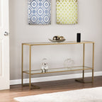 52" Clear and Gold Mirrored Glass and Metal Sled Console Table With Shelf
