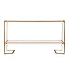 52" Clear and Gold Mirrored Glass and Metal Sled Console Table With Shelf