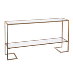 52" Clear and Gold Mirrored Glass and Metal Sled Console Table With Shelf