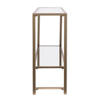 52" Clear and Gold Mirrored Glass and Metal Sled Console Table With Shelf