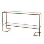 52" Clear and Gold Mirrored Glass and Metal Sled Console Table With Shelf