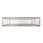 52" Clear and Gold Mirrored Glass and Metal Sled Console Table With Shelf