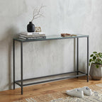 56" Silver and Gunmetal Mirrored Glass and Metal Console Table