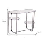 42" Silver Mirrored Glass and Iron Oval Cross Leg Console Table With Two Shelves