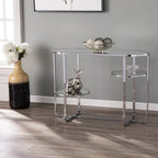 42" Silver Mirrored Glass and Iron Oval Cross Leg Console Table With Two Shelves
