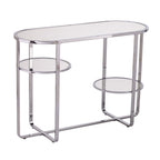 42" Silver Mirrored Glass and Iron Oval Cross Leg Console Table With Two Shelves