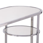 42" Silver Mirrored Glass and Iron Oval Cross Leg Console Table With Two Shelves